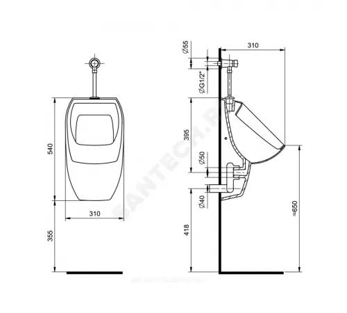 Писсуар настенный Гала белый с нажимным краном, с креплением, сифон горизонтальный Santek 1.WH50.1.804