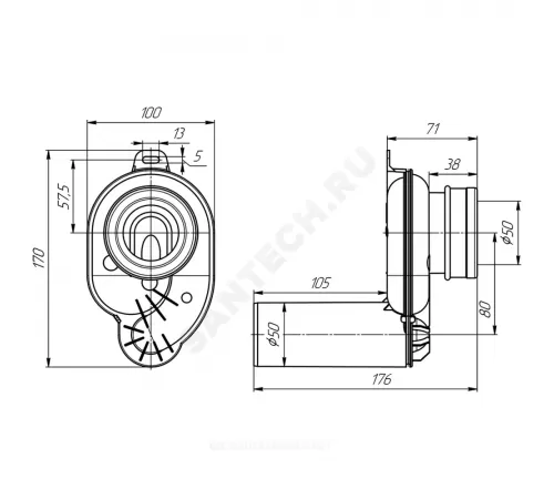 Писсуар настенный Гала белый с нажимным краном, с креплением, сифон горизонтальный Santek 1.WH50.1.804