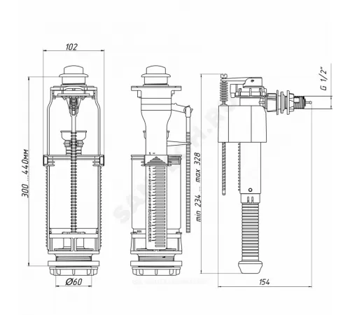 Арматура для бачка сливная/наливная 1/2" боковое подключение кнопка белый 1/реж АНИ Пласт WC8010