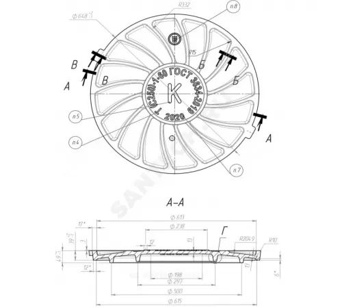 Люк чугун теплосеть (ТС) Т (тяжелый) С250 круглый m=98кг h=100мм Т(С250)-1-60 ГОСТ 3634-2019