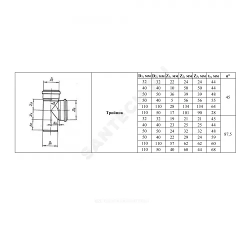 Тройник PP-H серый Дн 32х32х45гр б/нап в/к VALFEX 22032032