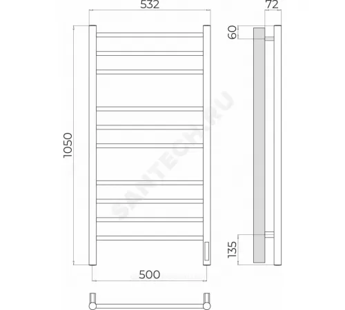 Полотенцесушитель электрический нерж сталь Лесенка 246 Вт 500х1050мм 10П со встроенным диммером справа Аврора Терминус 4670078544360