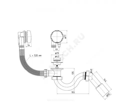 Слив-перелив для ванны трубный полуавтоматический (тросик) 1 1/2"x40 с переходной трубкой 45гр 40/50 слив клапан, пробка D=46мм АНИ Пласт EM411