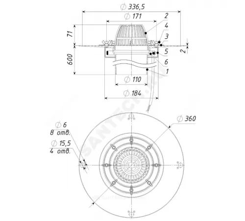 Воронка кровельная с вертикальным выпуском PP Дн 110 с листвоуловителем, прижимным фланцем из нержавеющей стали, электрообогревом Татполимер ТП-01.100/6-Э