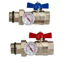 Комплект шаровых кранов латунь никель Ду 25 ВР/"американка" бабочка красная/синяя c термометром Wester 0-32-2105