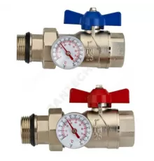 Комплект шаровых кранов латунь никель Ду 25 ВР/"американка" бабочка красная/синяя c термометром Wester 0-32-2105