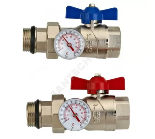 Комплект шаровых кранов латунь никель Ду 25 ВР/"американка" бабочка красная/синяя c термометром Wester 0-32-2105
