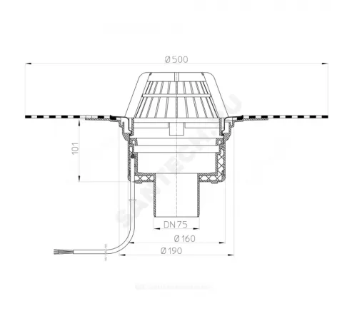 Воронка кровельная HL62.1H с вертикальным выпуском PP Дн 75 с листвоуловителем, электрообогревом, теплоизоляцией, гидроизоляционным полимербитумным полотном 500мм HL HL62.1H/7