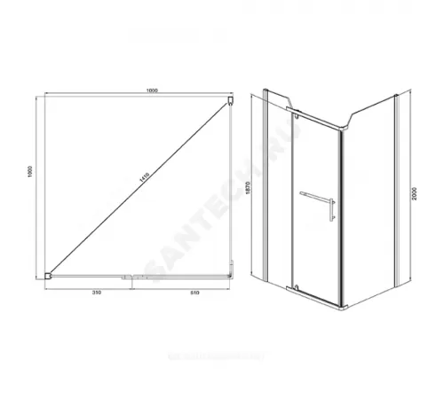 Ограждение душевое Arena Square 1000х1000х2000 мм без поддона квадратная прозрачное стекло Мирсант УТ000058037