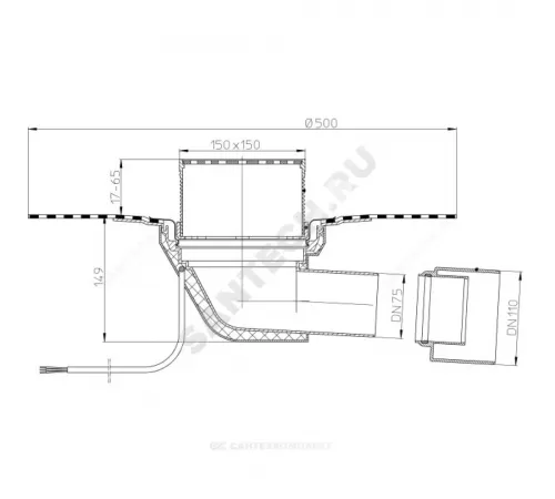 Воронка кровельная HL64.1BH с горизонтальным выпуском PP Дн 75/110 с трапом, электрообогревом, теплоизоляцией, гидроизоляционным полимербитумным полотном HL HL64.1BH