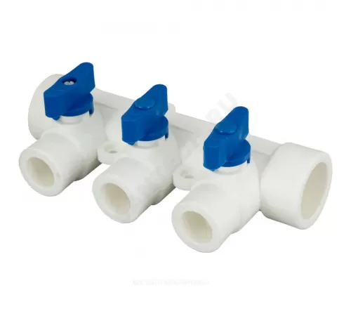 Коллектор PP-R синий Дн 32х20 на 3 выхода с кранами RTP (РосТурПласт) 28203