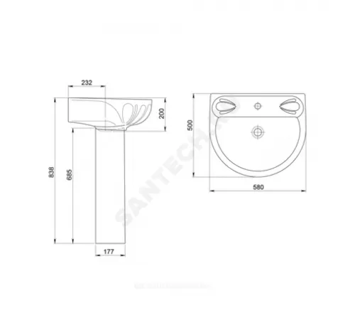 Умывальник подвесной Лотос 58 1 отверстие под смеситель по центру белый Santeri 1.3110.6.S00.10B.0