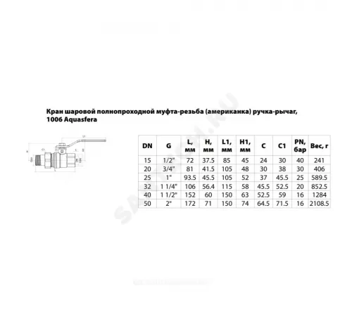 Кран шаровой латунь никель 1006 Euro Ду 20 Ру30 ВР/"американка" полнопроходной рычаг красный Aquasfera 1006-02 .