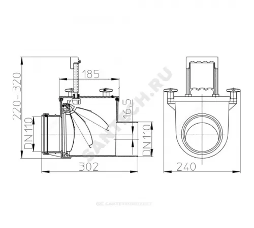 Клапан обратный канализационный коричневый Дн 110 б/нап с заслонкой из нерж стали, монтажным лючком HL 710.1