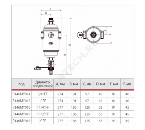 Дешламатор магнитный сетчатый T-образный латунь Ду 20 Ру10 3/4" ВР R146M с краном Giacomini R146MY014