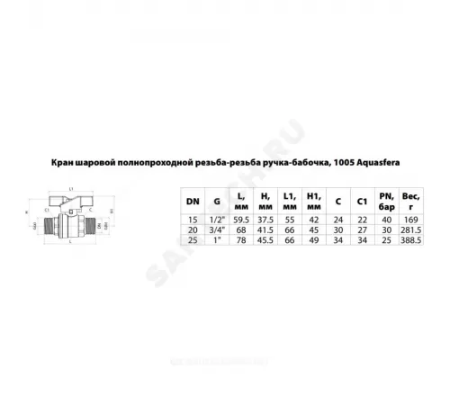 Кран шаровой латунь никель 1005 Euro Ду 20 Ру30 НР полнопроходной бабочка красная Aquasfera 1005-02 .