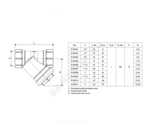 Фильтр сетчатый Y-образный латунь Ду 65 Ру16 Тмакс=110 oC 2 1/2" ВР R74A Giacomini R74AY009