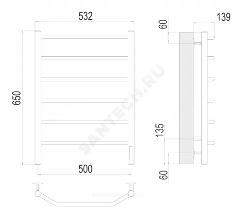 Полотенцесушитель электрический нерж сталь Лесенка 100 Вт 500х650мм 6П со встроенным диммером справа Виктория Терминус 4670078531193