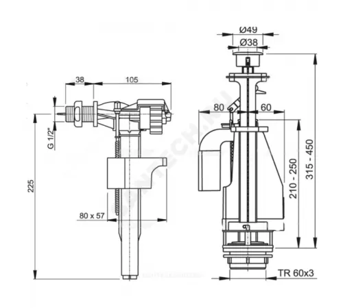 Арматура для бачка сливная/наливная 1/2" боковое подключение кнопка хром 2/реж Alca Plast SA08AK 1/2" CHROM