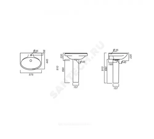 Умывальник подвесной Самарский 57 1 отверстие под смеситель по центру белый Sanita WB.PD/Samarsky/57-C/WHT.G/S1