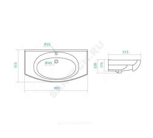 Умывальник мебельный Энигма 100 1 отверстие под смеситель по центру белый Santek 1.WH20.7.777