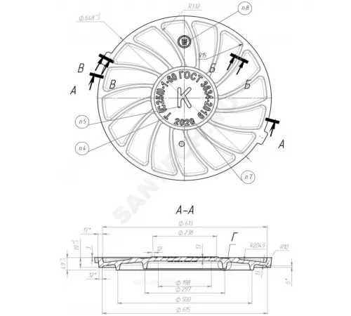 Люк чугун водопроводный (В) Т (тяжелый) С250 круглый m=98кг h=100мм Т(С250)-1-60 ГОСТ 3634-2019