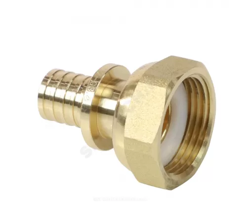 Соединитель для PE-X труб аксиальный латунь Дн 20х1/2" под плоское уплотнение с накидной гайкой РОС