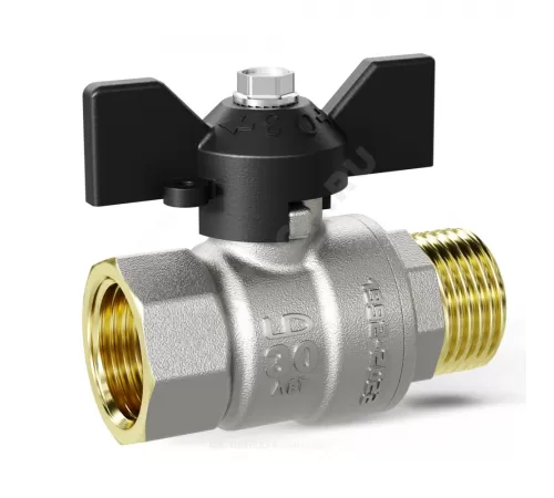 Кран шаровой латунь никель Pride Ду 32 Ру25 ВР/НР бабочка черная аналог 11б27п1 LD 47.32.В-Н.Б