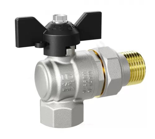 Кран шаровой латунь никель угловой Pride Ду 15 Ру40 ВР/"американка" бабочка черная LD 47.206.15