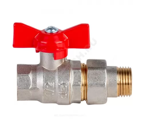 Кран шаровой латунь никель Стандарт Ду 20 Ру40 ВР/"американка" полнопроходной бабочка красная Dist Н342Б