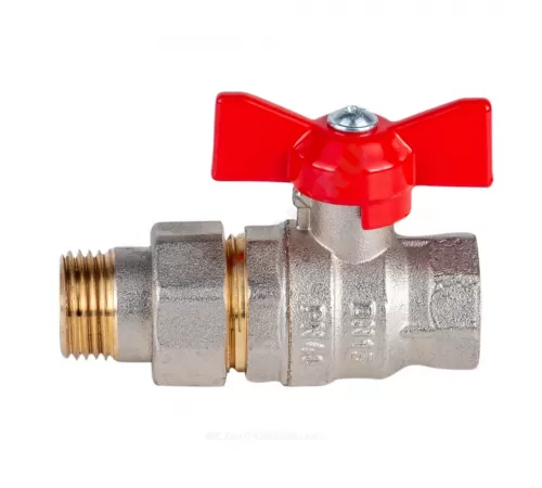 Кран шаровой латунь никель Стандарт Ду 20 Ру40 ВР/"американка" полнопроходной бабочка красная Dist Н342Б