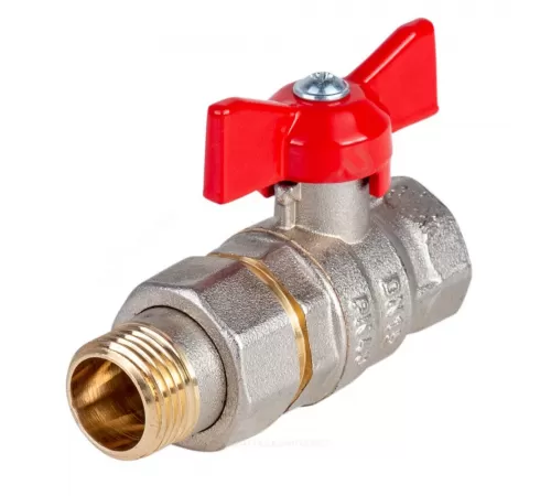 Кран шаровой латунь никель Стандарт Ду 20 Ру40 ВР/"американка" полнопроходной бабочка красная Dist Н342Б