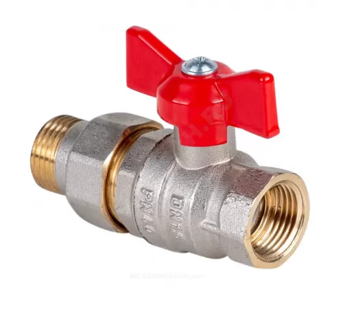 Кран шаровой латунь никель Стандарт Ду 20 Ру40 ВР/"американка" полнопроходной бабочка красная Dist Н342Б