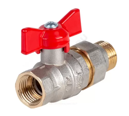 Кран шаровой латунь никель Стандарт Ду 20 Ру40 ВР/"американка" полнопроходной бабочка красная Dist Н342Б