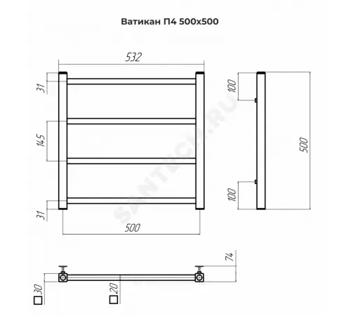 Полотенцесушитель водяной нерж сталь Лесенка Ду 15 (1/2") ВР 192 Вт 500х500мм 4П нижнее подключение б/к Ватикан Терминус 4670078543998