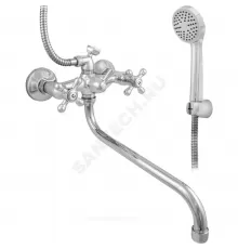 Смеситель для ванны с душем двуручный круглый излив, душевой шланг н/ж сталь, хромированная пластиковая лейка и кронштейн ЭКО ЦС-СМ 500/5-4 М_Крест Центр Сантехники (Подольск) ЭМ900709
