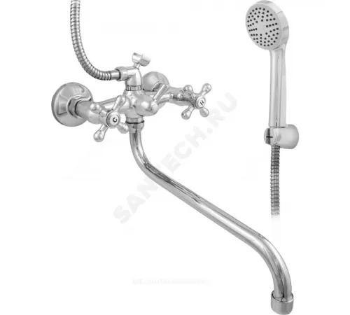 Смеситель для ванны с душем двуручный круглый излив, душевой шланг н/ж сталь, хромированная пластиковая лейка и кронштейн ЭКО ЦС-СМ 500/5-4 М_Крест Центр Сантехники (Подольск) ЭМ900709