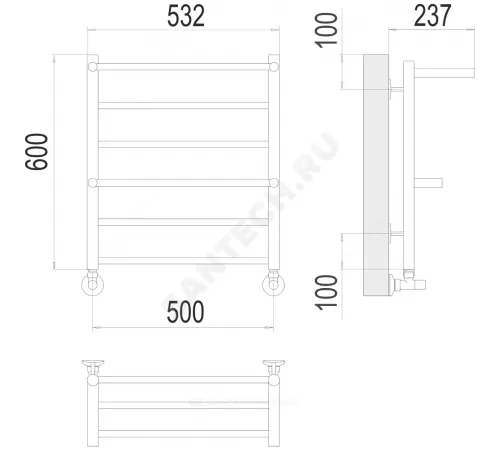 Полотенцесушитель водяной нерж сталь Лесенка (1/2") ВР с полочкой 500х600мм 6П нижнее подключение Анкона Терминус 4670078529954