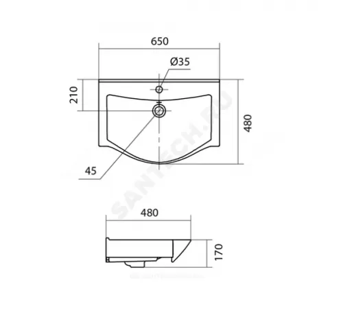 Умывальник мебельный Беверли 65 1 отверстие под смеситель по центру Santek 1.WH30.2.501