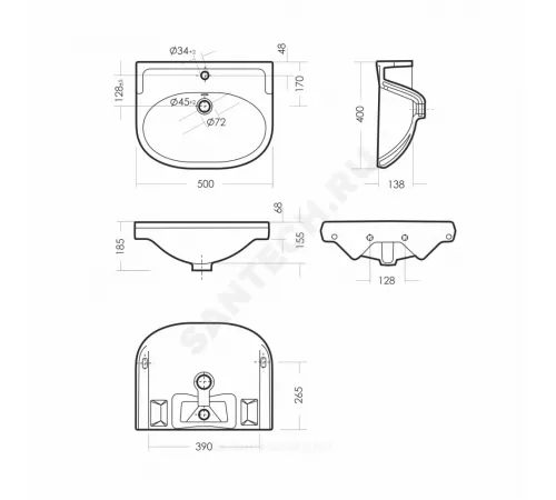 Умывальник подвесной Комфорт 50 1 отверстие под смеситель по центру белый Sanita WB.PD/Comfort/50-C/WHT.G/S1
