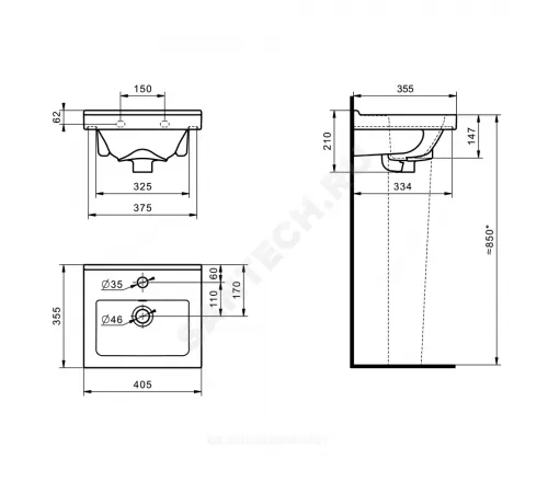 Умывальник подвесной Визит 40 1 отверстие под смеситель по центру с переливом белый Santeri 1.3117.7.S00.11B.0