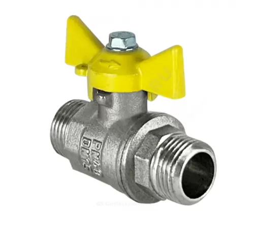 Кран шаровой латунь никель газ 11Б27фтМ Ду 20 Ру40 НР бабочка желтая VALFEX VF.279.NB3.034.N/P59