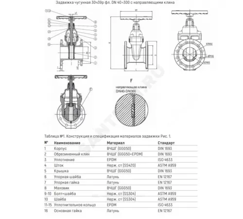 Задвижка чугун 30ч39р 1010W аналог МЗВ обрезиненный клин EPDM с гайкой и направляющими клина Ду 300 Ру10/16 фл Benarmo
