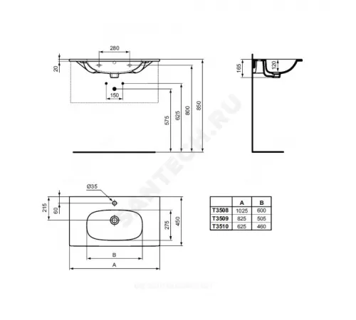 Умывальник подвесной TESI Vanity 80 1 отверстие под смеситель по центру Ideal Standard T350901