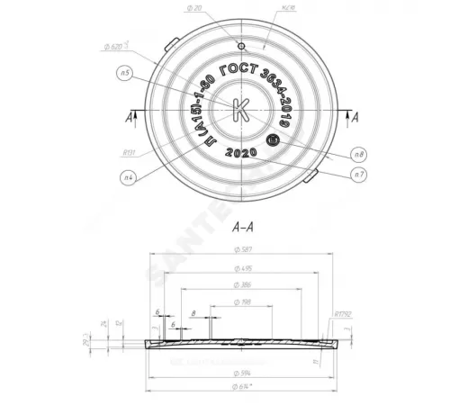 Люк чугун канализационный (К) Л (легкий) А15 круглый m=55кг h=60мм Л(А15)-1-60 ГОСТ 3634-2019