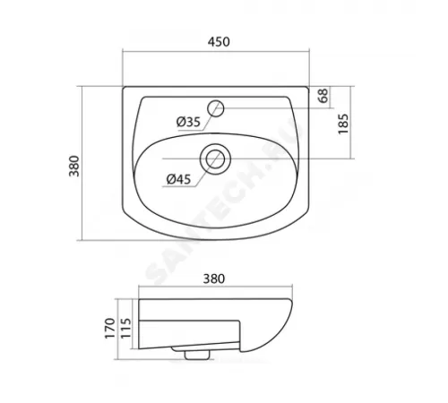 Умывальник мебельный Азов 45 1 отверстие под смеситель по центру Santek 1.WH11.2.449