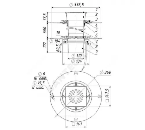 Воронка кровельная с вертикальным выпуском двухуровневая PP Дн 110 с электрообогревом, чугунной решёткой в/к Татполимер ТП-10.100/Р-Э