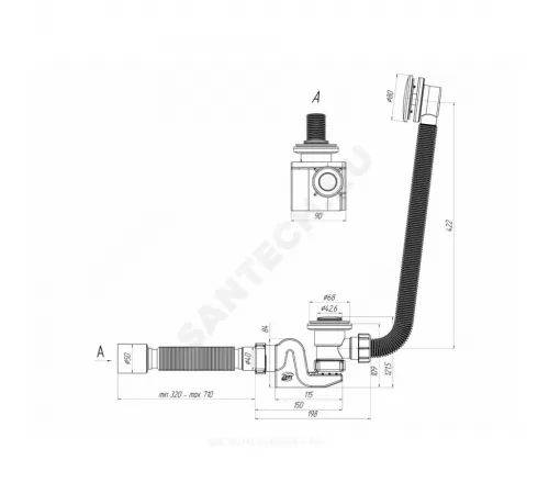 Слив-перелив для ванны Бриг автоматический 1 1/2"x40 с гофрой 40х50 слив клапан "клик-клак" (сетка) D=42,6мм АНИ Пласт ЕС655S