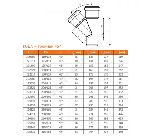 Тройник НПВХ коричневый Дн 250х125х45гр б/нап в/к KGEA Ostendorf 224330
