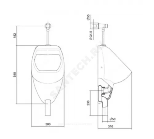 Писсуар настенный Гала белый с нажимным краном, с креплением, сифон вертикальный Santek 1.WH50.1.805